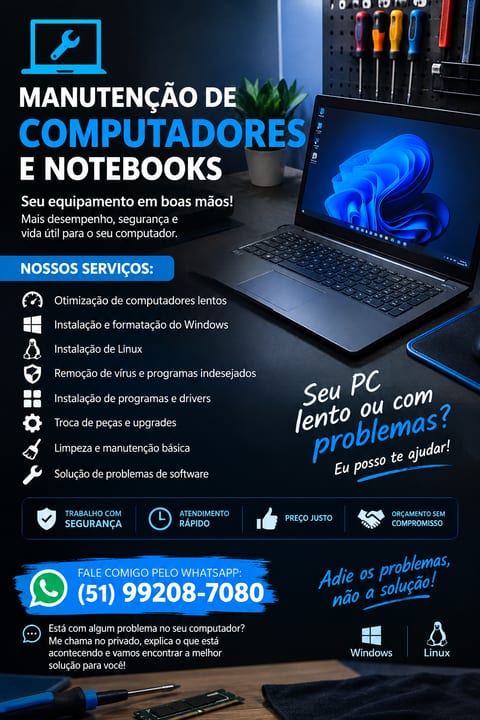 Manutenção de computador, instalação de sistema e limpeza interna