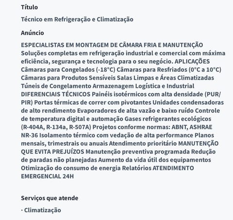 ESPECIALISTAS EM MONTAGEM DE CÂMARA FRIA E MANUTENÇÃO Soluções completas em refrigeração industrial e comercial
