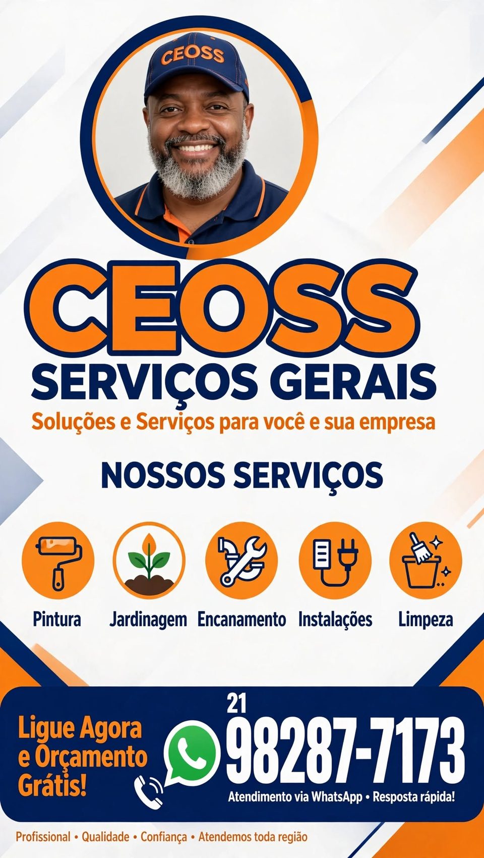 Jardinagem, Limpeza em geral, pintura, elétrica, montagem e desmontagem de móveis, circuito de câmeras, ar condicionado.