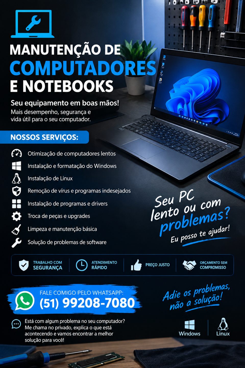 Manutenção de computador, instalação de sistema e limpeza interna