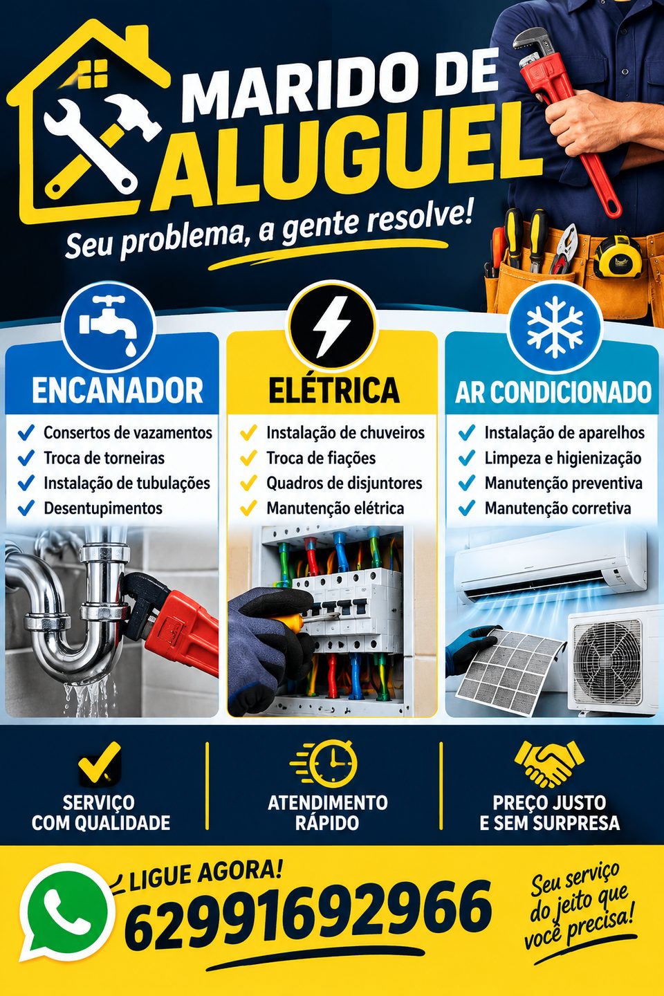 Vários serviços oferecido como eletricista, hidráulica, limpeza e instalação de ar condicionado.