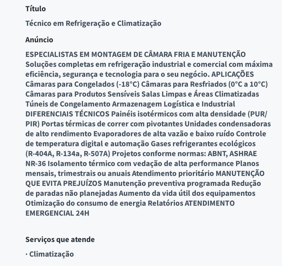 ESPECIALISTAS EM MONTAGEM DE CÂMARA FRIA E MANUTENÇÃO Soluções completas em refrigeração industrial e comercial
